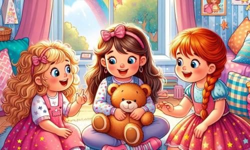 In a warm and colorful room, three three-year-old girls are gathered. Mia, a little girl with brown curly hair, is wearing a pink dress with stars and sitting on a large fluffy rug, holding an open magic book in front of her. To her left, Lila, with blonde hair and round glasses, is lying on her stomach, smiling and pointing at an illustration in the book. On the right, Zoe, a little girl with red braided hair, is standing, holding a big teddy bear in her arms, with a big smile on her face. The room is decorated with colorful cushions, drawings on the walls, and a window letting in sunlight, with a rainbow visible outside. The three friends are having a magical adventure, imagining they are brave heroines, sharing laughter and tender moments, proving that friendship can bring joy even on rainy days.