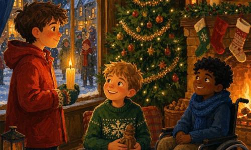 Three boys in a cozy village living room at night: a ~10-year-old with messy brown hair and a red hooded coat holding a tall candle by a frosted window, a ~9-year-old blond in a green snowflake sweater seated by the Christmas tree holding a small wooden figurine and looking at the first boy, and a ~10-year-old in a wheelchair with curly black hair and a blue scarf smiling toward the candle by the fireplace; warm wooden walls, decorated tree, stockings on the mantel, soft light and falling snow outside with smiling passersby — an intimate, luminous Christmas scene.