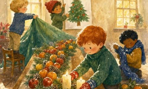 Four 5-year-old boys decorate a long wooden Christmas table in a warm community hall: Milo, brown short tousled hair with a red beanie, center-left holding a large white cardboard painted with a Christmas tree; Ben, blond cheeks flushed, standing on a small chair at back-left stretching a large green tablecloth; Theo, black hair wearing a long blueberry-blue scarf, kneeling at right by a basket of oranges, brushing snow from his scarf; Sam, red hair with mismatched mittens, front-right placing two creamy candles on the table. The room has small-paned windows with yellow reflections, cream walls, wooden plank floor, paper garlands and cut snowflakes hanging from the ceiling, late-afternoon powdery light; the table is set with the green cloth, stacked fruit, lit candles, shiny apples and oranges, pine cones dusted with silver glitter, and the handmade drawing hung on the wall above the table.