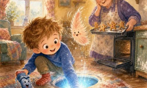 A delighted 4-year-old boy with messy light-brown hair, wearing a blue sweater and mismatched red and green socks, has his arm in a glowing oval hole retrieving small bouncing lost objects (a wet sock, a humming spoon, a purring blue button) with comical expressions; nearby a smiling but worried ~65-year-old grandmother with gray hair in a bun and a flour-dusted apron stands by an open oven holding a tray of golden cookies; a small animated peach-translucent duster called the 