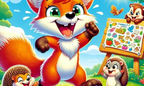 A mischievous fox with bright orange fur and a large fluffy tail, grinning with all its white teeth, stands at the center of the scene, holding a wooden board with colorful drawings. To its right, a cute hedgehog with shiny quills and sparkling eyes is laughing while holding a small sandwich. To the left, an agile squirrel with light brown fur and a bushy tail is jumping for joy, arms raised, with an excited expression on its face. In the background, a green field dotted with colorful flowers lies under a clear blue sky with a few fluffy clouds. The scene shows the friends having fun together, laughing and sharing snacks, in a joyful and playful atmosphere.