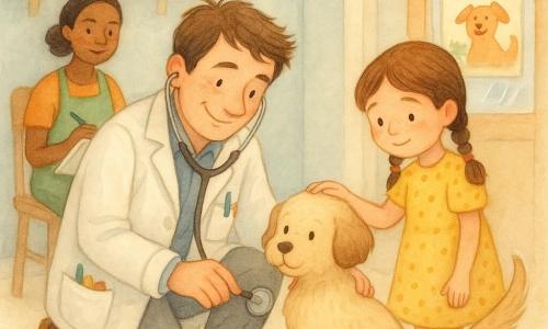 Un bărbat veterinar zâmbitor și liniștitor, vreo 40 de ani, păr brun ușor ciufulit, halat alb cu buzunare pline de obiecte colorate, este ghemuit ținând un mic stetoscop argintiu lângă o labă de câine; o fetiță de circa 7 ani, micuță, păr brun în două codițe, rochie galbenă cu buline, stă în dreapta veterinarului cu mâna timidă pe capul câinelui; o asistentă, Mara, în jur de 30 de ani, păr prins, șorț verde, stă pe fundal cu un carnet cu desene luând notițe; câinele Puf, mic, bej și pufos, urechi căzute, coadă zburdalnică, stă pe un covoraș moale cu bot curios și privire ușor îngrijorată dar liniștită; cabinetul e cald, pereți pastel albastru pal, rafturi din lemn cu borcane și jucării, afiș colorat Lăbuța Veselă pe ușa de sticlă și o fereastră cu ploaie fină; moment tandru și calm în care veterinarul ascultă cu blândețe starea câinelui, lumină moale, atmosferă de încredere și grijă; stil acuarelă delicată, linii fine, culori calde spălate, textură de hârtie vizibilă.