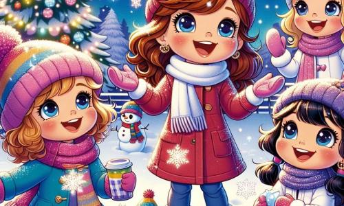 In a snowy park, four six-year-old girls stand together, surrounded by sparkling snowflakes. Lily, with curly brown hair and a red hat, joyfully raises her arms, ready to make a wish on a snowflake. Mia, with blonde hair and rosy cheeks, wears a pink scarf and gazes at the snowflakes in wonder. Zoe, with chestnut hair and a small braid, is dressed in a blue coat and is about to slide down a colorful sled. Emma, with black hair and a purple hat, laughs while holding a cup of hot chocolate, surrounded by her friends. The park is a true winter wonderland, with trees covered in sparkling snow, a large Christmas tree adorned with colorful lights, and a smiling snowman beside them. The girls are making wishes on the snowflakes, their faces lit up by the magic of Christmas, while stars twinkle in the night sky.