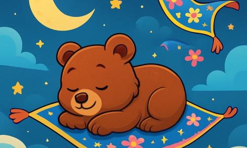 Um pequeno urso marrom, com grandes olhos redondos e suaves, está deitado em um tapete voador, com um sorriso pacífico no rosto. Seu pelo é sedoso e brilha sob a luz dourada da lua. Ele respira lentamente, com as patas dobradas sob ele, como se estivesse flutuando em um sonho. Ao lado dele, um tapete mágico colorido, azul, amarelo e rosa, dança no ar, com padrões de flores e estrelas. A cena ocorre em um céu estrelado, onde a lua brilha intensamente, iluminando a paisagem abaixo. O pequeno urso e o tapete flutuam pacificamente no ar, cercados por cores vibrantes e luz suave, enquanto se preparam para adormecer, embalados pelo murmúrio do vento e o canto das estrelas.