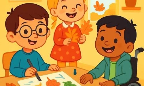 There are three characters: Milo, a 7-year-old boy with brown hair and round glasses, wearing a blue sweater and beige pants, sitting at a table holding a paintbrush and smiling; Ruby, a 6-year-old girl with braided blonde hair, wearing a red polka dot dress and yellow tights, standing next to Milo holding colorful autumn leaves; and Sam, a 7-year-old boy with black hair and a big smile, in a wheelchair, dressed in a green t-shirt and gray hoodie, leaning forward curiously touching a leaf. The setting is a warm and bright room with pale yellow walls, a large window letting in sunlight that illuminates the falling autumn leaves outside. On the table are large colored leaves, crayons, glue, and a big white paper where the children are creating their artwork. The main scene shows the three friends creating a beautiful autumn picture together, gluing leaves and making colorful drawings, laughing and sharing ideas in the cozy autumn atmosphere.
