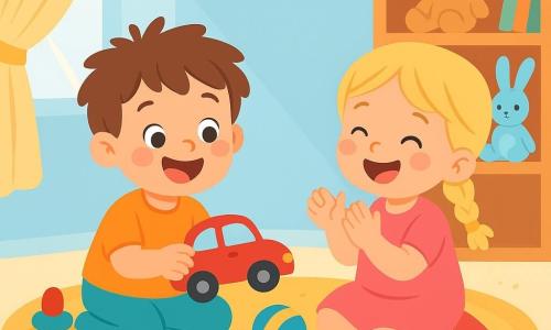 A 2-year-old boy with messy brown hair and sparkling eyes is sitting on a fluffy carpet. He holds a small red car in his hands, with a big smile on his face, showing his excitement. Next to him, his 4-year-old sister, with braided blonde hair and rosy cheeks, enthusiastically claps, her eyes shining with happiness. They are surrounded by colorful toys scattered on the carpet. The setting is a bright room with pastel blue walls and sunlight filtering through light curtains. Stuffed animals and books are organized on wooden shelves, creating a warm and welcoming atmosphere. The main scene shows the boy revving his red car on the carpet while his sister laughs and encourages him, creating a joyful and playful moment between siblings.