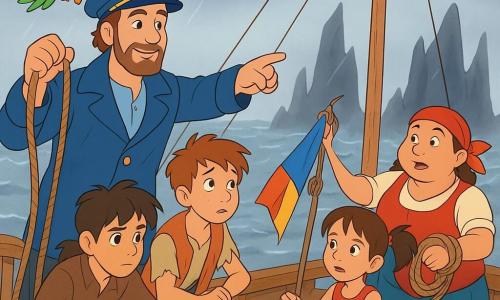 Captain Milo — calm smiling face, gentle eyes, light beard, worn blue captain's jacket, holding a long rope and giving calm orders, confident at the rail; Toma (≈10) — tousled hair, freckles, patched vest, gripping the rail and anxiously watching the sea behind Milo; Lina (≈12) — wet hair stuck to her forehead, small but determined, standing on a sharp rock holding an oar like a pole, looking at the rope with hope; Jun (≈18–20) — young navigator with tied-back hair, crouched attaching a colorful flag to the mast, focused; Rina (≈35) — round energetic cook with a red bandana, preparing a floating line and barrel near the rail to help launch gear; Saff (≈16) — small and lively, holding a lifebuoy ready to throw, one foot on a chest, determined toward Lina; Pickle the parrot — green and yellow feathers, perched on Milo's shoulder with wings half-open, squawking excitedly; location — gray misty sea with black jagged 