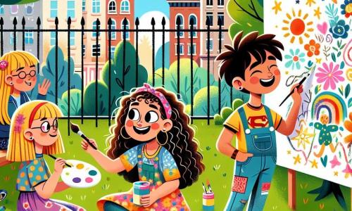 Una niña de nueve años con cabello rizado y una gran sonrisa, vestida con una camiseta colorida y una falda de flores, está sentada en la hierba, sosteniendo una paleta de pintura y un pincel, pintando un mural. A su lado, otra niña de nueve años con una larga trenza rubia, vestida con una blusa de lunares, observa con admiración el dibujo de su amiga y sostiene un cuaderno lleno de bocetos. Un niño de nueve años, con cabello castaño desordenado y una camiseta de superhéroe, está dibujando estrellas en un gran papel, riendo con sus amigas. El lugar es un parque escolar soleado, rodeado de árboles de hojas verdes brillantes y flores coloridas. La situación principal muestra a los niños colaborando alegremente para crear un mural vibrante que representa su amistad y sueños, compartiendo risas y ánimos.