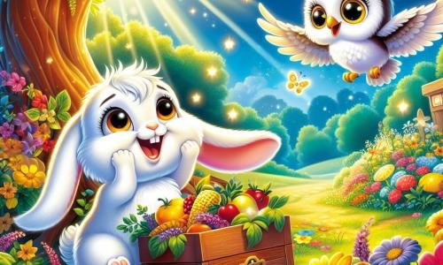 Un iepuraș pe nume Nelu, cu blană albă strălucitoare și urechi mari, se întinde sub un copac măreț, înconjurat de flori colorate. El are o expresie de surpriză și bucurie, cu ochii mari, descoperind o cutie mare plină cu fructe și legume strălucitoare. Lângă el, o bufniță înțeleaptă, cu pene albe și o pălărie mică în formă de ceas, zâmbește cu mândrie, cu ochii strălucind de excitație, plutind ușor deasupra solului. În fundal, o poiană însorită, presărată cu flori strălucitoare și fluturi dansând, creează o atmosferă magică și veselă. Scena ilustrează momentul în care Nelu și bufnița descoperă minunatul „comoară” al pădurii, înconjurați de frumusețea naturii și de prietenie.