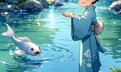 Akio, ein zehnjähriger Junge mit schwarzen Haaren und neugierigen Augen, steht am Ufer eines glitzernden Flusses, sein Gesicht von einem entschlossenen Lächeln erleuchtet. Er trägt einen hellblauen Kimono mit Mustern von blühenden Kirschbäumen, und seine Hände sind nach einem silbernen Fisch ausgestreckt, der im klaren Wasser gleitet. Neben ihm schwebt eine Yōkai, eine Mischwesen aus Frau und Schmetterling, anmutig in der Luft, ihre durchsichtigen Flügel glänzen in Pastellfarben unter der Sonne. Sie hat lange, gewellte Haare, und ihr Blick ist sanft und geheimnisvoll, als ob sie alle Geheimnisse der Natur trägt. Die Szenerie ist ein wunderschöner Zen-Garten mit polierten Steinen, grünen Bambus und blühenden Kirschbäumen, die eine friedliche und magische Atmosphäre schaffen. Rosa Blütenblätter fallen langsam um sie herum und verleihen der Szene einen Hauch von Zauber. Die Hauptsituation zeigt Akio, konzentriert und mutig, bereit, die Herausforderung der Yōkai anzunehmen, um die Harmonie in seinem Dorf wiederherzustellen, während das sanfte Murmeln des Wassers und der Gesang der Vögel eine beruhigende Melodie schaffen.