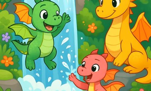 Ein kleiner Drache namens Flämmchen mit glänzenden grünen Schuppen und funkelnden Augen springt vor Freude am Rand eines großen, majestätischen Wasserfalls. Er hat ein strahlendes Lächeln, und seine durchsichtigen Flügel glitzern in der Sonne. Neben ihm lacht seine kleine Schwester Funken, ein Drache mit rosa Schuppen und neugierigen Augen, während sie versucht, die Wassertröpfchen zu fangen, die aus dem Wasserfall spritzen. Ihre Mama, eine große Drache mit goldenen Schuppen, beobachtet sie mit einem liebevollen Lächeln, während sie auf einem flachen Stein nahe dem Wasser sitzt. Der Ort ist ein wunderschöner geheimer Garten, gefüllt mit bunten Blumen, üppigem Grün und glatten Steinen, während im Hintergrund das beruhigende Geräusch des plätschernden Wassers zu hören ist. Die Hauptsituation zeigt Flämmchen und Funken, die sich am Wasserfall vergnügen, Wasser spritzen und zusammen lachen, voller Aufregung und Glück.