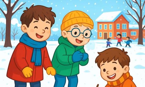Há 3 personagens: - Lucas: um garoto de 8 anos, com cabelos castanhos bagunçados, usando um grande casaco vermelho e um cachecol azul. Ele está em pé, sorrindo, tocando a neve com suas luvas. - Pedro: um garoto de 7 anos, com cabelos loiros e óculos redondos, vestido com um casaco verde vibrante e um gorro amarelo. Ele está ao lado de Lucas, rindo e soprando ar quente para ver sua respiração. - Mateus: um garoto de 8 anos, com cabelos castanhos e um sorriso brilhante, usando um casaco laranja e um cachecol listrado. Ele está sentado no chão, desenhando na neve com um graveto. O local é um pátio de escola no inverno, coberto por uma espessa camada de neve cintilante sob o sol. Árvores de galhos nus, adornadas com cristais de gelo, cercam o playground. Ao longe, crianças brincam, com risadas ecoando no ar frio. A cena principal mostra os três amigos descobrindo as maravilhas do inverno, brincando na neve, rindo juntos e criando desenhos na neve, enquanto admiram os cristais de gelo que brilham como estrelas.