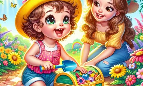 Una bambina di un anno, con grandi occhi brillanti e capelli ricci, indossa un cappello giallo e un sorriso radioso. È accucciata nel suo giardino, tenendo una piccola pala di plastica, circondata da terra e fiori colorati, piena di eccitazione all'idea di scoprire un tesoro. Vicino a lei, la mamma, una donna di circa 30 anni con lunghi capelli castani, osserva con un sorriso benevolo. È seduta su una coperta a quadretti, circondata da giocattoli, incoraggiando la figlia nella sua ricerca. Il giardino è incantevole, pieno di fiori vivaci, alberi verdi e un cielo blu chiaro. Farfalle svolazzano intorno a loro, aggiungendo un tocco di magia all'ambiente. La scena principale mostra la bambina che scava con entusiasmo, scoprendo una scatola piena di colori e sorprese, mentre la mamma la incoraggia con tenerezza, creando un'atmosfera gioiosa e avventurosa.