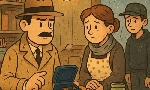 Un detective uomo, viso quadrato e baffi sottili, sguardo concentrato, trench beige leggermente bagnato, fedora in mano, mostra lentamente sul bancone un astuccio blu di velluto aperto con la penna ritrovata; Nora, sulla quarantina, capelli castani raccolti, colpevole, grembiule a pois e sciarpa grigia spiegazzata, dietro il bancone con mani strette e sguardo rivolto all'astuccio; Martino, circa 12 anni, capelli castani, volto preoccupato e ferito, felpa con cappuccio, a sinistra vicino alle mensole che osserva la zia con tristezza; Dario, circa 14 anni, conberretto nero e stivali di gomma, mani un po' sporche, imbarazzato ma sollevato, vicino alla porta di servizio; interno di una piccola cartoleria umida e accogliente con mensole di legno piene di quaderni colorati, barattoli di matite, un grande vasetto di mentine sul bancone, luce gialla di una vecchia lampadina, vetrina coi segni di dita e pioggia visibile fuori; scena di rivelazione tranquilla ed emotiva, tensione che si placa; stile grafico a linee morbide, forme rotonde, espressioni leggibili, texture di velluto e legno e pioggia trasparente sulla vetrina.