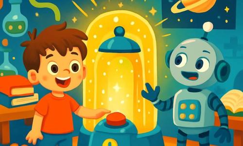Un bambino di 4 anni, di nome Luca, con capelli castani disordinati e occhi brillanti di curiosità, si trova davanti a una scintillante macchina del tempo in miniatura. Sorride con stupore, le guance arrossate dall'eccitazione. Accanto a lui, un robot amichevole, di altezza media, con un corpo argentato e luci lampeggianti, gli porge una mano metallica, pronto a accompagnarlo nell'avventura. Il laboratorio è pieno di invenzioni strane, con tubi colorati, ingranaggi in movimento e libri aperti su tavoli di legno. Poster di galassie e pianeti decorano le pareti, aggiungendo un tocco di magia all'atmosfera. Luca, premendo il pulsante della macchina, è sul punto di intraprendere un viaggio incredibile nel tempo, circondato da un'aura di luce dorata che scintilla intorno a loro, simboleggiando l'avventura che li attende.