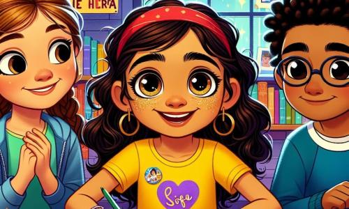 En el centro de la imagen, Sofía, una niña de 10 años con cabello rizado y ojos curiosos, está sentada en una mesa, concentrada en crear una colorida tarjeta de felicitación. Lleva una camiseta amarilla y jeans, y su rostro refleja una alegre determinación. A su derecha, Miguel, un niño de 10 años con cabello negro y gafas, observa a Sofía mientras dibuja su propia tarjeta, sonriendo y vistiendo un sudadera azul. A su izquierda, Ana, una niña de 9 años con trenzas rubias, añade pegatinas a su tarjeta, mostrando entusiasmo. La escena tiene lugar en una biblioteca luminosa, con estanterías llenas de libros y ventanas que dejan entrar la luz del sol, y carteles sobre solidaridad en las paredes. Los niños trabajan juntos para crear mensajes de paz y esperanza, deseando ayudar a otros niños en el mundo mientras comparten risas e ideas en un ambiente amigable.