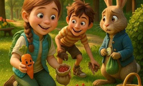 Una bambina di 10 anni, Marta, allegra e prudente, viso rotondo con lentiggini, treccia castano chiaro, gilet celeste e zainetto verde, inginocchiata sull’erba con una carota sorridente in una mano e un sacchetto di stoffa con pastiglie rosse nell’altra; un bambino di 10 anni, Tommaso, birichino e sorridente, capelli castani scompigliati, maglietta a righe e scarpe slacciate, dietro di lei tende la mano per togliere una macchia rossa da una scarpa; un grande coniglio antropomorfo con gilet azzurro e orologio pendente, ansioso ma riconoscente, vicino a un cespuglio con un sacchetto di pastiglie verdi; parco primaverile a mezzogiorno con viale alberato a tunnel, aiuole di tulipani gialli e rossi, una vecchia panchina e il cartello 