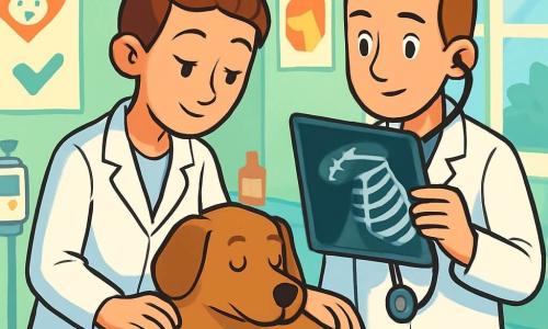 La doctora Lucía, una mujer de unos treinta años, tiene el cabello castaño recogido en un moño y lleva una bata blanca. Su rostro expresa una determinación suave y benevolente mientras examina a un perro herido. A su lado, Esteban, un joven de unos 25 años, tiene el cabello corto y también lleva una bata. Sostiene un estetoscopio y observa atentamente las radiografías, listo para ayudar a Lucía. La escena se desarrolla en una clínica veterinaria luminosa y acogedora, con paredes pintadas de verde pastel y carteles coloridos sobre el bienestar animal. Equipos médicos están dispuestos a su alrededor, y una gran ventana deja entrar la luz del sol. Lucía está cuidando a un perro de tamaño mediano, acostado en una mesa de examen, con una pata herida. Le habla suavemente para tranquilizarlo, mientras Esteban prepara el material necesario para la operación.