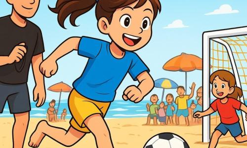 Una giovane ragazza, Marina, di circa 12 anni, corre su un campo di beach soccer. Ha i capelli castani raccolti in una coda di cavallo che danza al ritmo della sua corsa. Il suo viso irradia gioia e determinazione, con occhi scintillanti e un ampio sorriso. Indossa una maglietta blu vivace e dei pantaloni corti gialli, i suoi piedi nudi affondano nella sabbia dorata. Accanto a lei, il suo allenatore, Luca, un uomo di circa 30 anni, osserva con uno sguardo orgoglioso. Ha i capelli corti e indossa una maglietta nera e pantaloni corti, tenendo un fischietto in mano. Si tiene leggermente in disparte, pronto a dare consigli. Il campo è situato su una spiaggia soleggiata, con onde dolci che lambiscono la riva. Ombrelloni colorati e famiglie sullo sfondo aggiungono un'atmosfera gioiosa e vivace alla scena. Marina sta passando la palla alla sua compagna di squadra, Sofia, che corre verso la porta. La tensione è palpabile e l'emozione della competizione si legge sui loro volti. Gli spettatori, bambini e adulti, applaudono e incoraggiano, creando un'atmosfera vibrante e dinamica.