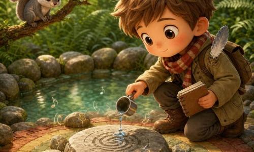 A boy (Milo, ~10) with light brown hair and a gentle, focused face in explorer clothes (khaki jacket, red-striped scarf, dirty boots) kneeling on a dry rock, holding a small pewter cup and notebook, pouring a precise drop of water onto a flat stone engraved with a spiral; a bright gray squirrel with round curious eyes sits on a nearby branch to the left; a small gray-and-white feather peeks from Milo’s pocket like a talisman; setting: a bowl-shaped clearing ringed by smooth round rocks with a crystalline pool at the center, striated ground in warm ochre, sand-yellow and stone-green, dense green ferns and dappled sunlight; the drop touches the engraving revealing a wet spiral and the surrounding rocks subtly 