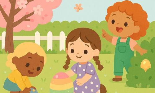 Drei Mädchen im Frühlinggarten: Lila, 5, braune Zöpfe, violettes gepunktetes Kleid, kniet in der Mitte und berührt lächelnd ein großes regenbogenfarbenes Ei; Emma, 4, kurze blonde Haare, gelber Pullover und blauer Rock, links, hebt staunend ein kleines blaues Ei mit gelben Flecken auf; Mia, 5, lockiges rotes Haar, grüne Latzhose, rechts, steht und zeigt lachend auf ein goldenes Ei im Gebüsch. Heller Garten mit taubewachsenem Gras, links ein blühender Kirschbaum, Blumenbeete vorn, Hecke und weißer Holzzaun hinten, hellblauer Himmel mit sanfter Sonne oben rechts. Kleine runde Vögelchen fliegen, ein oranger Schmetterling weist auf das versteckte Ei, fröhliche Stimmung, kräftige Farben, einfache Formen und weiche Konturen.