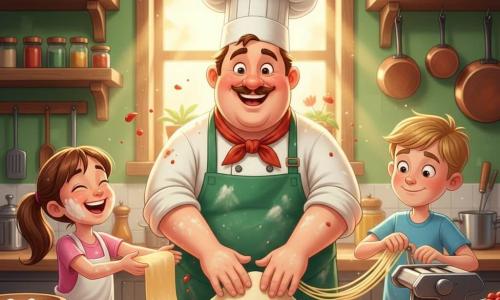 A round jovial chef wearing a large white toque and a flour-streaked green apron smiles broadly with rosy cheeks and sparkling eyes as he kneads a ball of dough on a wooden counter; an 8-year-old girl, Emma, with brown hair in a ponytail and a flour-dusted face laughs and reaches to hand him a sheet of dough from his left, while a slightly shy but enthusiastic 10-year-old boy, Jake, with short blond hair pretends to crank a pasta machine on the chef’s right; the bright, warm restaurant kitchen has green walls, wooden shelves filled with colorful spice jars, hanging copper pots and sunlight through a window; on the counter are powdery white flour, shiny red tomatoes, green basil leaves and a large wooden rolling pin; the scene focuses on pasta-making with dough stretching into long translucent sheets, splashes of red sauce and laughter in a joyful, lively atmosphere, rendered in vivid colors, sharp contrasts, soft textures and crisp cel-shaded shadows, centered on the characters and warm gestures, seen from a slight high angle with clear focus on faces and hands in action.