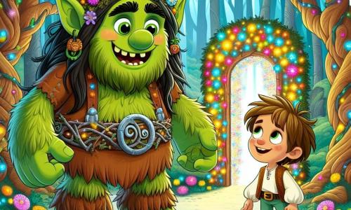 Un troll numit Grozav, mare și blănos, cu o piele verde și ochi strălucitori de curiozitate, stă în centrul imaginii, având o expresie de bucurie și entuziasm. Poartă o curea din liane și flori colorate în păr. Lângă el, un băiat de șase ani pe nume Andrei, cu părul brun zbârlit și un zâmbet strălucitor, îl privește pe troll cu admirație, ținând în mâini o mică hartă a comorii. Se află în fața unei porți magice strălucitoare, împodobită cu lumini multicolore, care pare să plutească în aer. Scena are loc într-o pădure fermecată, unde copaci uriași cu trunchiuri răsucite se înalță în jurul lor, iar flori luminoase acoperă solul, creând o atmosferă feerică. Grozav și Andrei sunt pregătiți să treacă prin poarta magică, nerăbdători să descopere minunile care îi așteaptă în lumea fantastică de cealaltă parte.