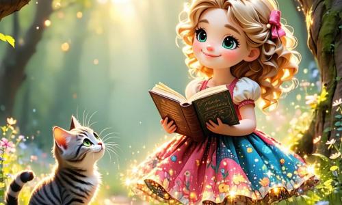 In the foreground, a seven-year-old girl named Astrid, with curly golden hair shining in the sun, expresses great joy and wonder. She wears a colorful dress with floral patterns and holds an ancient book with sparkling pages, while her cat Whiskers, a gray feline with bright green eyes, rubs against her leg, showing a half-amused, half-annoyed expression. In the background, Captain Bjorn, a sturdy man in his forties with a scruffy beard and a warm smile, stands next to Astrid, enthusiastically pointing at a treasure map. He wears a fur cape and leather boots, adding a touch of mystery to his appearance. The scene takes place on the deck of a large Viking ship, the Sea Dragon, with colorful sails billowing in the wind. The waves shimmer under the setting sun, and distant islands appear on the horizon, creating an atmosphere of adventure and magic. The main situation shows Astrid discovering an ancient book that has transported her to the Viking world as she prepares to embark on an epic quest for a legendary treasure, the Crystal Anchor, surrounded by the sea and the excitement of the unknown.