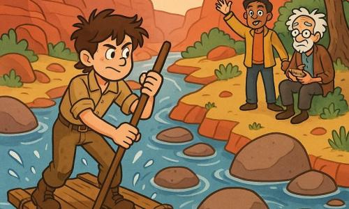 A young explorer boy (about 14), smiling yet focused, messy brown hair, dusty earth-colored clothes and worn boots, holds a long wooden pole planted in the water while piloting a small raft of planks lashed with ropes; his friend Anil (about 15), joyful with short black hair and a light mustard jacket, stands on the opposite bank a few meters from the current with arms raised; an old man, Eshan (about 70) with tousled white hair, small glasses and simple worn clothes, sits under a tree set back on the bank holding a small boat carving and watches benevolently; setting is a red-orange sandstone canyon with striated walls, round stones, a silver ribbon river winding between boulders, green moss and sage clumps and a pink sunrise sky; the raft glides near a large mid-river rock creating whirlpools, the explorer pushes the pole with tense muscles, splashes animate the scene, a dynamic composition emphasizing the current and perseverance.