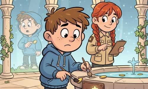A 10-year-old boy, Milo, round face with freckles and messy brown hair, looking focused and slightly nervous, in a blue hoodie and worn sneakers, holds a small wooden brush and gently nudges a coin toward the edge of a polished stone fountain; an ~11-year-old girl, Saffron, with braided red hair and a beige jacket with many pockets, stands just behind him to the right, calm and encouraging, holding a notebook/clipboard and pointing at a bronze plaque; a second 10-year-old boy, Milo’s double, appears set back to the left, hood up, surprised and embarrassed, holding a coin above the basin and almost translucent like a fading memory. The setting is a bright cloister of pale smooth stone with pointed arches casting soft blue-amber light, ivy dotted with tiny glowing spots, a central fountain with glass-like water and a bronze plaque near the rim bearing a small shining star sticker. Milo is gently averting a time loop by pushing a stuck coin from a crack with his brush; a star pocket watch on his pocket glows faintly, creating a calm, wondrous atmosphere. Palette: warm amber and wood, soft blues, golden coins, bronze and cream stone; rounded lines and exaggerated expressions in a retro cartoon style.