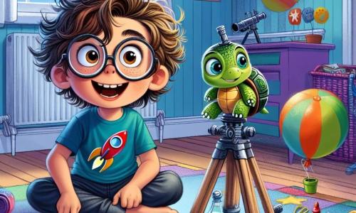 An 11-year-old boy named Miles is sitting on a colorful rug in his room, his eyes wide with surprise and joy. He has messy brown hair, round glasses, and is wearing a blue t-shirt with a rocket design. Next to him is a small turtle named Tilly, with a shiny green shell and sparkling eyes, proudly standing on a pile of spatulas and balloons, sporting a mischievous expression. The room is decorated with astronomy posters, and a telescope is pointed out the window where a sparkling starry sky is visible. In this scene, Miles and Tilly are preparing their flying machine while laughing, surrounded by their quirky inventions, ready to explore the stars together.