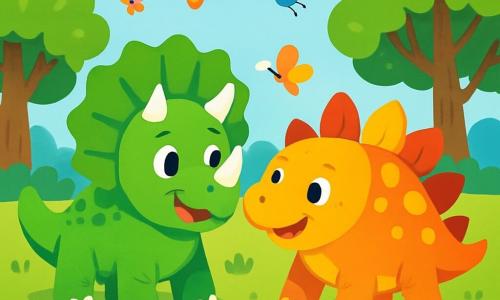 Wesoły triceratops o jaskrawo zielonej skórze i białych rogach stoi na środku sceny, rozglądając się dookoła z oczami pełnymi ciekawości. Obok niego przyjazny stegozaur z kolorowymi płytkami na grzbiecie i ciepłym uśmiechem pochyla się, aby z nim porozmawiać. Tło stanowi słoneczna łąka, usiana kolorowymi kwiatami i dużymi drzewami z bujnymi liśćmi, podczas gdy nad nimi rozciąga się jasnoniebieskie niebo. W tej scenie triceratops i stegozaur otoczeni są fruwającymi motylami i śpiewającymi ptakami, co tworzy radosną i pełną życia atmosferę. Triceratops, podekscytowany tym pięknym dniem, szykuje się do przygody ze swoim przyjacielem, gotowy do odkrywania cudów natury.
