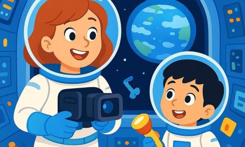 Un'astronauta, Sofia, una donna di circa trent'anni, sorridente e piena di energia, fluttua nella stazione spaziale. Indossa una tuta spaziale bianca con tocchi di blu e un casco trasparente che mostra il suo viso radioso di gioia. Sofia tiene una telecamera in mano, pronta a filmare la sua visita guidata. Accanto a lei, Takumi, un ragazzo di 10 anni con capelli neri e occhi brillanti, guarda con meraviglia. Indossa una tuta spaziale simile a quella di Sofia e tiene una lampada in mano, pronto ad aiutarla. La scena si svolge all'interno della stazione spaziale, con pareti coperte di pannelli tecnologici luminosi. Grandi finestre offrono una vista spettacolare sulla Terra blu e bianca, fluttuante nell'immensità nera dello spazio. Oggetti fluttuano intorno a loro, come attrezzi e bottiglie di succo, aggiungendo un tocco ludico all'ambiente. Sofia spiega con entusiasmo come vive e lavora nello spazio, mentre Takumi l'ascolta attentamente, con gli occhi brillanti di ammirazione. Condividono un momento di scoperta e apprendimento, circondati dalla bellezza dell'universo.