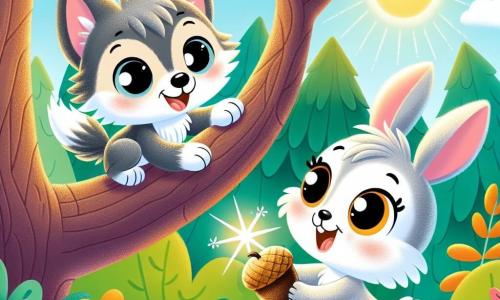 A little wolf named Wally, with gray fluffy fur and bright curious eyes, joyfully climbs a branch of a large oak tree, a beaming smile on his face. Next to him, Bella, an adorable little bunny with big ears and white fur, jumps with excitement, her eyes sparkling with joy as she looks at the wolf. The setting is a beautiful sunny forest, with colorful flowers dancing in the breeze and sunlight filtering through the leaves. The scene shows Wally and Bella discovering a sparkling treasure, a beautiful golden acorn hidden in the branches, symbolizing their great adventure and friendship.