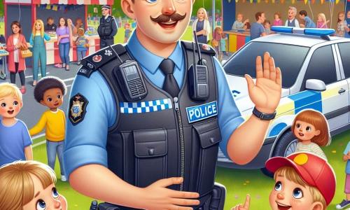 Een glimlachende politieagent, een man van ongeveer dertig met bruin haar en een snor, staat in het midden van de afbeelding, gekleed in zijn glanzende blauwe uniform. Hij heeft een warme en enthousiaste blik terwijl hij met een groep kinderen praat en met zijn handen gebaart om zijn werk uit te leggen. Aan zijn rechterkant steekt een meisje van ongeveer 8 jaar met vlechten, met grote ogen van verwondering, haar hand op om een vraag te stellen. Aan zijn linkerkant zit een jongen van 7 jaar met een rode pet op de motorkap van een politieauto, hij glimlacht en luistert aandachtig naar het verhaal van de politieagent. De achtergrond speelt zich af in een levendig park, vol met felle kleuren: ballonnen zweven in de lucht, gezinnen verzamelen zich rond informatiestands, en een groot bord zegt 