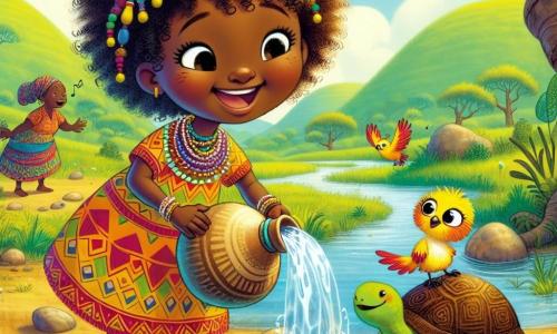 Amina, a 10-year-old African girl, stands by a sparkling stream, her eyes shining with joy and determination. She has curly, textured hair adorned with colorful beads and wears a vibrant dress with traditional African patterns. With a big smile, she fills a water jug. Next to her, Kiki, a small colorful bird with yellow and blue feathers, joyfully flies around Amina, singing cheerful melodies. He is her loyal companion, equally excited. In the background, Tamba, a wise old turtle with a shell decorated with natural patterns, sits on a rock by the stream, watching Amina with a kind expression, ready to pose her a riddle. The scene takes place in a lush valley surrounded by gentle hills and tall trees, with sunlight filtering through the leaves, casting dancing shadows on the ground. The stream gently murmurs, adding a touch of magic to the environment. The main situation shows Amina, full of enthusiasm, filling her water jug after solving Tamba's riddle, symbolizing wisdom and unity among the characters.