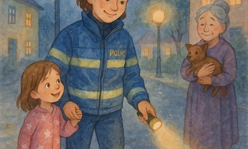 Uśmiechnięta, łagodna policjantka o krótkich brązowych włosach, w niebieskiej odblaskowej kurtce i czapce, trzyma małą żółtą latarkę i powoli chodzi, rozglądając się; po jej lewej stoi 5‑letnia dziewczynka w różowej piżamie w gwiazdki, trzyma policjantkę za rękaw i pewnie patrzy na latarkę; po prawej, nieco z tyłu na chodniku, starsza pani około 70 lat z siwymi włosami w koku trzyma małego brązowego psa i nieśmiało się uśmiecha; spokojna brukowana uliczka z okrągłymi latarniami dającymi ciepłe światło, niskie pastelowe domy z oświetlonymi oknami i kilka liści na mokrym bruku; scena pokazuje policjantkę delikatnie pomagającą dziewczynce i uspokajającą starszą panią pod światłem latarni, atmosfera spokojna i bezpieczna, miękkie kolory, szerokie pociągnięcia i widoczne faktury akwareli.