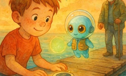 Un niño de 8 años de rostro redondo y pecas, pelo castaño claro alborotado y mirada maravillada sostiene una pequeña luz redonda a pilas sobre una tabla del muelle; junto a él flota un diminuto extraterrestre peluche llamado Lumi, piel azul pálido, grandes ojos miel, casco de cristal y chaleco con bolsillos, junto a una burbuja transparente que emite un suave resplandor verde; más atrás, un pescador de unos 60 años, rostro curtido y barba canosa corta, apoyado en su bastón y con sonrisa divertida, observa desde el muelle de madera gastada con tablas crujientes, clavos oxidados y reflejos dorados del atardecer sobre el mar tranquilo; la escena muestra al niño y a Lumi montando un cargador solar improvisado con una caja luminosa y un clip metálico mientras la burbuja se reactiva, en una atmósfera crepuscular cálida de tonos anaranjados y verdes, estilo acuarela suave, colores pastel, contornos ligeros y textura de madera, ambiente tierno y mágico.