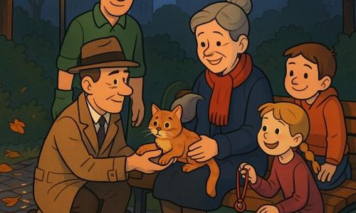 Volwassen mannelijke detective van ongeveer 50, vierkant gezicht met dunne snor, lichtbruine regenjas en fedora, knielt en reikt zacht de natte roodbruine kitten aan een zittende vrouw—mevrouw Van Dijk, circa 50, grijs haar in een knot, gerimpelde rode sjaal, opgeluchte glimlach, katten op schoot; Mark, man van ca. 35 met kort bruin haar en tuinhandschoenen, staat links achter de detective zorgzaam te kijken; een blond meisje van ongeveer 8 met vlecht en modderige broek houdt een riempje en een rood halsbandje met belletje omhoog; twee andere kinderen (6–9) verzamelen zich nieuwsgierig bij het bankje; locatie: klein stadspark bij schemer, natte kasseien, gele en oranje herfstbladeren, vintage lantaarn met warm licht, gelakt houten bankje met gekreukelde poster; primaire situatie: tedere hereniging—de detective geeft de natte kat terug terwijl kinderen het glimmende rode halsbandje met bel tonen, vochtige maar geruststellende sfeer, warme kleuren contrasterend met de regenachtige ondergrond, duidelijke lijnen en eenvoudige texturen.