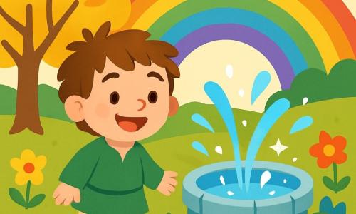 Un hombre pequeño y sonriente, llamado Tomás, con cabello castaño desordenado y ojos brillantes de alegría, se encuentra al borde de una fuente mágica. Lleva una túnica verde y pantalones de lona beige, y irradia felicidad mientras sonríe. A su lado, una fuente resplandeciente con agua clara que brilla como diamantes, rodeada de flores coloridas. Al fondo, un puente de arcoíris se eleva majestuosamente, vibrante de colores vivos. La atmósfera es encantada, con árboles de hojas doradas que bailan al viento. Tomás sonríe a la fuente, que parece feliz, y el agua salpica alegremente a su alrededor.