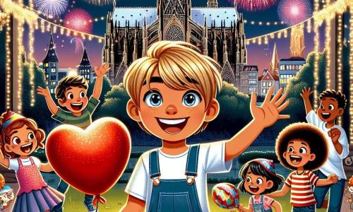 In einem von funkelnden Lichtern erleuchteten Park steht Max, ein 10-jähriger Junge mit blonden Haaren und strahlend blauen Augen, lächelnd in der Mitte mit einem großen roten Herzballon in der Hand. Neben ihm hebt Mia, ein 9-jähriges Mädchen mit lockigen braunen Haaren und einem ansteckenden Lächeln, aufgeregt die Arme in die Luft. Um sie herum spielt eine Gruppe von Kindern unterschiedlichen Alters und Herkunft, einige jonglieren mit bunten Ballons, während andere lachen und versuchen, Ballons mit ihren Füßen zum Platzen zu bringen. Im Hintergrund erhebt sich die majestätische Kuppel des Kölner Doms, erleuchtet von strahlenden Feuerwerken, die den Nachthimmel in lebhaften Farben erhellen. Die Szene fängt die fröhliche Energie der Neujahrsfeier ein, mit lachenden, spielenden Kindern, die Glückwünsche austauschen, während funkelnde Sterne über ihnen leuchten und eine magische, festliche Atmosphäre schaffen.