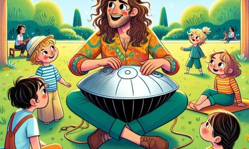 Um homem, Raul, está sentado em um pequeno palco de madeira em um parque ensolarado, seu rosto radiante de alegria e paixão enquanto toca Hang, um instrumento de metal com formas arredondadas. Ele tem cabelos castanhos ondulados e veste uma camisa colorida com padrões musicais, seus olhos brilham de entusiasmo. Ao seu redor, cinco crianças, meninos e meninas de cerca de 8 a 10 anos, o escutam com admiração. Lucas, um menino de cabelos loiros e óculos redondos, está de pé, com os braços cruzados, sorrindo com estrelas nos olhos. Ana, uma menina de cabelos castanhos trançados, está sentada no chão, com as pernas cruzadas, cativada pela melodia. Sofia, outra menina de cabelos cacheados, dança levemente no lugar, com os braços levantados, cheia de alegria. O parque está repleto de verdura, com árvores majestosas, flores coloridas e famílias sentadas em cobertores, aproveitando a música. O céu é de um azul brilhante, salpicado de algumas nuvens brancas e fofas. A cena principal mostra Raul e as crianças tocando juntos, criando uma bela melodia que atrai a atenção dos transeuntes, todos sorridentes e maravilhados com a magia da música ao seu redor.
