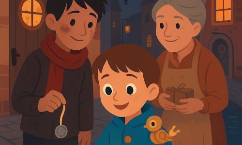 Six-year-old Milo, round-faced with short chestnut hair and bright eyes, in a blue jacket with brass buttons, reaches toward a glowing gray stone with shiny veins and a smile-like crack on a wet cobbled riverside while holding a small brass mechanical bird on his shoulder; beside him is six-year-old Jonah, taller and thin, coal-stained with a gentle smile and a red scarf, attaching a small silver medallion to a ribbon of light; behind them Tessa, in her fifties with calloused hands, gray hair in a bun and an oil-stained apron, stands in a wooden doorway offering a small packet of biscuits; the stone emits a soft golden halo and a ribbon of light forms a tiny glowing crown on Milo’s shoulder; setting: warm twilight cobbled alley by a river with red-brick clockwork workshops, hanging lanterns and a child-friendly centered composition in ochres, deep blues and brass tones.
