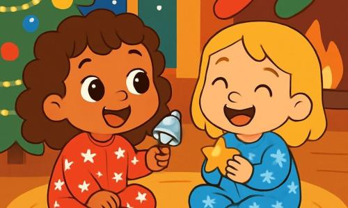 Há 2 personagens principais: Lila, uma menina de 3 anos com grandes olhos brilhantes e cabelos cacheados castanhos, vestindo um pijama vermelho com estrelas brancas e segurando um guizo prateado; e Rosa, uma menina de 3 anos com olhos brilhantes e cabelos lisos loiros, vestindo um pijama azul com flocos de neve e sorrindo alegremente enquanto segura um biscoito em forma de estrela. As duas meninas estão sentadas em um tapete macio, aos pés de uma grande árvore de Natal decorada com luzes cintilantes e bolas coloridas. O ambiente é acolhedor, iluminado por luzes suaves e adornado com meias penduradas na lareira. A cena mostra Lila e Rosa compartilhando um momento de cumplicidade, rindo juntas após fazerem as pazes, com biscoitos em forma de estrela espalhados ao redor delas, enquanto a neve cai suavemente do lado de fora, criando uma atmosfera mágica e calorosa.
