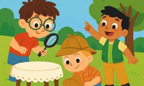 Há 3 personagens: João, um menino de 7 anos com cabelos castanhos bagunçados e óculos redondos, vestindo uma camiseta vermelha e um short azul, está em pé segurando uma lupa e observando atentamente o chão; Pedro, um menino de 6 anos com cabelos loiros e sardas, usando um chapéu de detetive e uma camisa xadrez, está agachado examinando uma impressão de sapato; Lucas, um menino de 8 anos com cabelos pretos e um grande sorriso, vestindo um colete verde e calças bege, está em pé ao lado de João apontando para uma árvore onde os balões vermelhos desapareceram. O cenário é um parque ensolarado, cheio de flores coloridas e árvores verdes, com uma grande mesa decorada com um bonito toalha, mas sem os balões que deveriam flutuar acima. A cena principal mostra os três amigos em plena investigação, procurando pistas para encontrar os balões vermelhos desaparecidos, com expressões concentradas e determinadas em seus rostos.