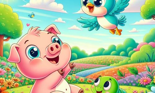 Um porquinho chamado Pipo, com pele rosa suave e olhos brilhantes de curiosidade, pula alegremente em um campo de flores coloridas, com um grande sorriso no rosto. Ao seu lado, uma pequena tartaruga chamada Tita, com uma carapaça verde e olhos sábios, observa Pipo com um ar divertido, sentada tranquilamente na grama. Um pássaro azul vivo, Bico, voa acima deles, cantando alegremente enquanto segura um pequeno morango no bico. O local é um lindo campo ensolarado, cheio de flores vibrantes de todas as cores, com árvores verdes ao fundo e um céu azul claro salpicado de nuvens brancas fofas. A cena principal mostra Pipo, Tita e Bico se preparando para um piquenique alegre, cercados pela beleza da natureza, prontos para compartilhar risadas e delícias.