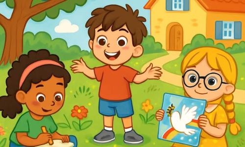 Ci sono 3 personaggi: Marco, un ragazzo di 8 anni con capelli castani disordinati e occhi brillanti, indossa una maglietta rossa e pantaloni corti blu, si trova al centro con le braccia aperte e un grande sorriso; Sara, una ragazza di 7 anni con lunghi capelli biondi intrecciati e occhiali rotondi, indossa un vestito giallo a pois e è seduta sull'erba con un disegno colorato in mano; Amina, una ragazza di 8 anni con capelli neri ricci e una fascia rosa, indossa una maglietta verde e jeans, è a sinistra di Marco e sta disegnando su un quaderno. La scena si svolge in un giardino soleggiato, pieno di fiori colorati e con un grande albero folto. L'erba è verde e fresca, e un piccolo sentiero di ghiaia si snoda attraverso il giardino. Sullo sfondo si vede una casa di legno con persiane blu. I tre amici discutono allegramente di pace, con disegni colorati sparsi attorno a loro; Marco spiega con entusiasmo mentre Sara e Amina ascoltano attentamente, circondati da matite e pennarelli. Gli uccelli cantano nell'albero, aggiungendo serenità all'atmosfera.