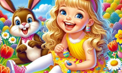 A 4-year-old girl named Lily, with long blonde hair and sparkling joyful eyes, is wearing a bright yellow dress and pink shoes. She is sitting in a colorful garden, surrounded by vibrant flowers, with a big smile on her face, searching for colorful stones that she uses as Easter eggs. Next to her is a small rabbit named Benny, with brown fur and big ears, happily hopping around the flowers, his eyes shining with curiosity. The garden is a true spring tableau, with red tulips, yellow daffodils, and blue cornflowers, under a light blue sky dotted with fluffy white clouds. The main scene shows Lily and Benny on an egg hunt, laughing and having fun as they hide and discover the colorful stones among the flowers, celebrating the beauty and magic of spring.