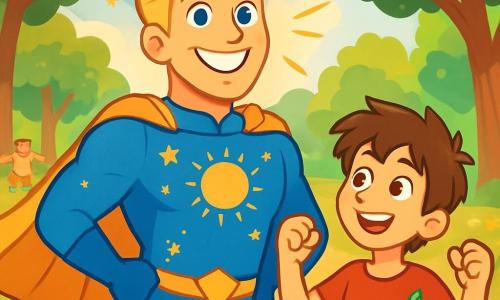 Un super-erou masculin, Strălucitorul, se află în centrul imaginii, cu un zâmbet larg și ochi plini de determinare. Poartă un costum albastru strălucitor, decorat cu simboluri solare și stele, iar părul său blond flutură în vânt. Lângă el, un băiat de 10 ani, Alex, cu părul brun și un tricou roșu, îl privește cu admirație, ridicând brațele în semn de încurajare. În fundal, un extraterestru verde numit Glim, cu ochi rotunzi și strălucitori, dansează vesel, adăugând o notă de magie scenei. Decorul este un parc însorit, plin de flori colorate și copaci majestuoși, unde razele soarelui filtrează printre frunze, creând modele luminoase pe sol. În fundal, copii râd și se joacă, aducând o atmosferă veselă. Situația principală arată cum Strălucitorul și Alex sunt uniți pentru a-și proteja orașul de o amenințare misterioasă, cu lumini strălucitoare și culori vii care ilustrează determinarea lor de a apăra fericirea și lumina împotriva întunericului.
