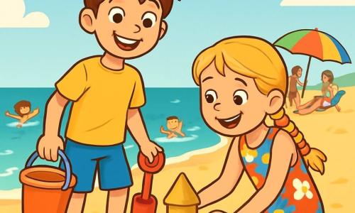 Dwunastoletni chłopiec, Szymon, z rozczochranymi brązowymi włosami i błyszczącymi od radości oczami, stoi na słonecznej plaży z szerokim uśmiechem na twarzy. Ma na sobie jaskrawo niebieskie szorty i żółtą koszulkę, trzymając wiaderko i łopatkę, gotowy do budowy zamku z piasku. Obok niego klęczy jego ośmioletnia siostra Zosia, z warkoczykami i kolorową sukienką w kwiaty, śmiejąc się głośno. W tle rodziny korzystają z słońca, dzieci bawią się w turkusowej wodzie, a kolorowe parasole stoją na złotym piasku. Scena emanuje radosną letnią atmosferą, pełną śmiechu i ciepła, podczas gdy Szymon i Zosia przygotowują się do stworzenia swojego dzieła z piasku.